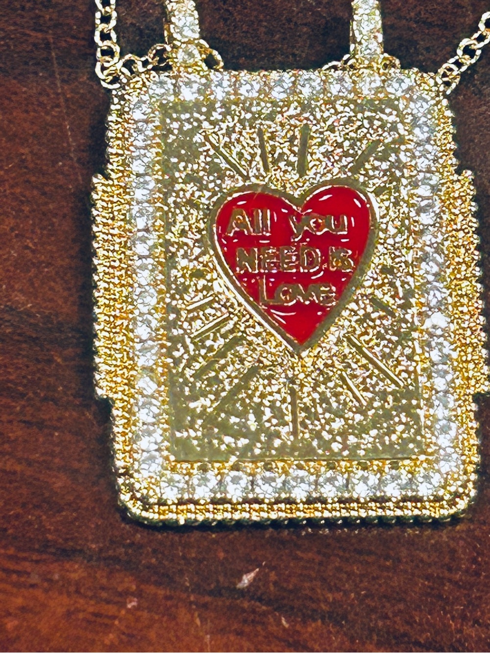 Goldtone pendant - 'All You Need Is Love' w red heart new in pouch